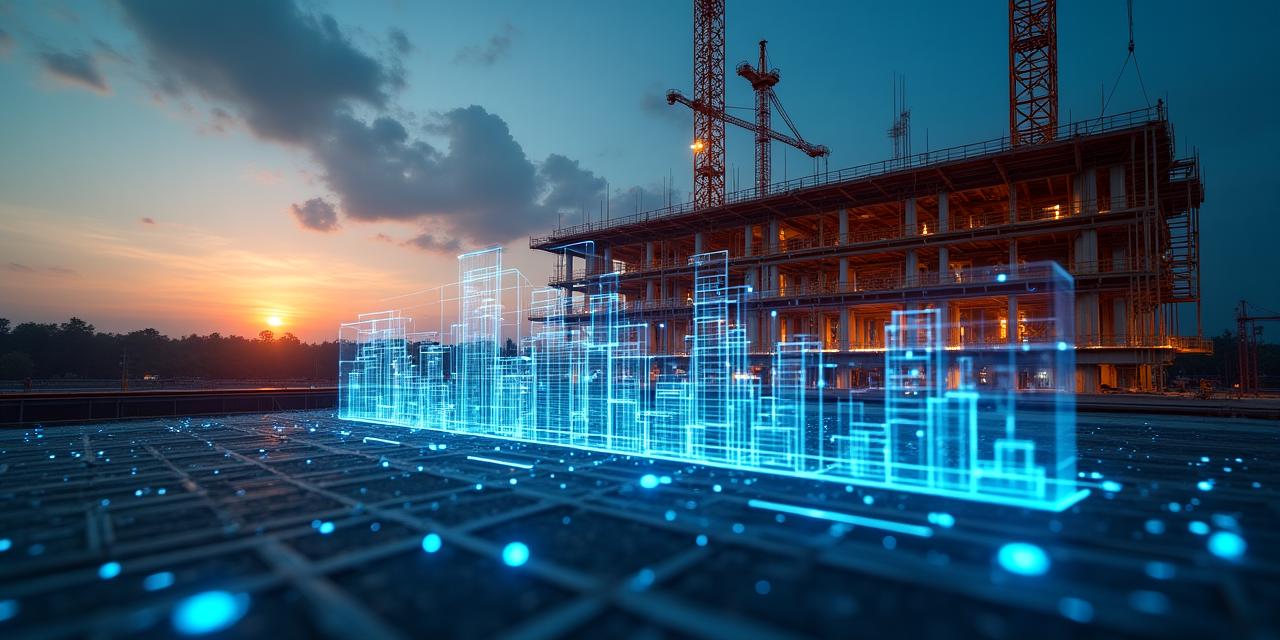 Futuristic building project overlay with digital delay prediction data