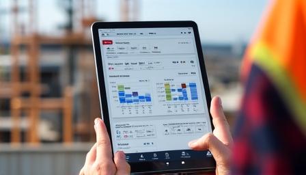 Construction site manager reviewing live AI timeline data on tablet