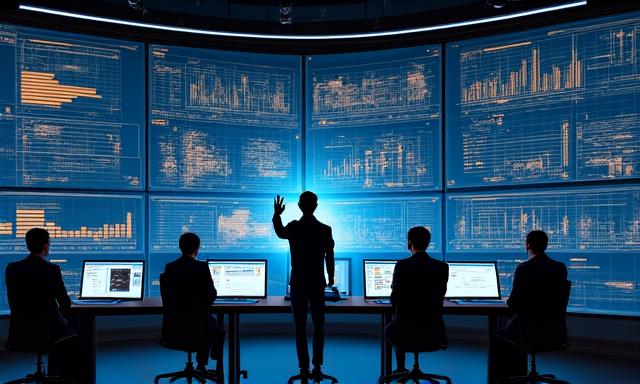 Futuristic building control room with AI predictive maintenance displays